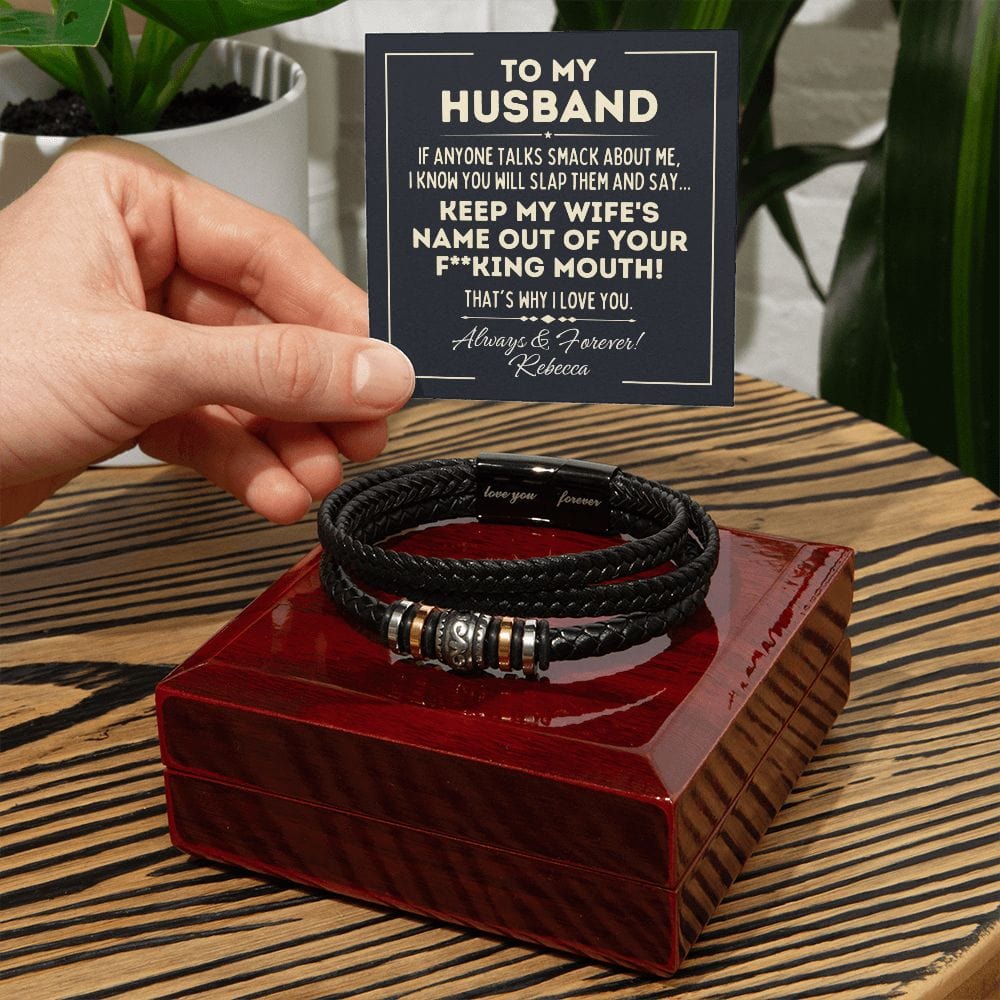 Personalized Fathers Day Gift for Husband - Vegan Leather Bracelet - Keep My Wife's Name Out Your Mouth - To Husband from Wife