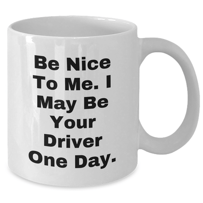 Funny Driver Gifts for Mom, Be Nice To Me White Coffee Mug, 11oz or 15oz Capacity, Gifts from Friends, Family, or Coworkers, Perfect for Mother's Day