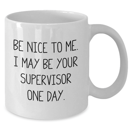 Funny Supervisor Gifts from Coworkers for Men and Women, White Coffee Mug with Inspirational Quote 'Be Nice To Me. I May Be Your Supervisor One Day.' for Graduation and Unique Gifts