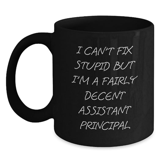 Funny Assistant Principal Gifts for Men, Black Christmas Unique Mugs with I Can't Fix Stupid But I'm A Fairly Decent Assistant Principal Quote, Gifts from Friends or Family - Main
