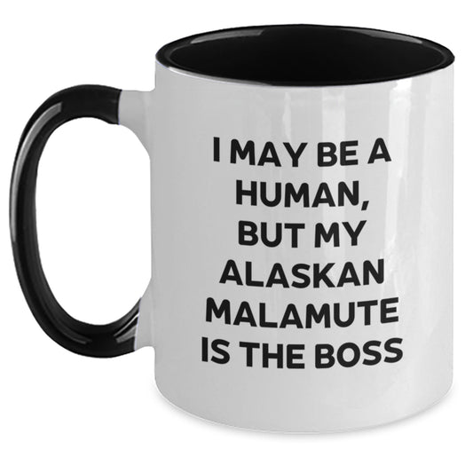 Funny Alaskan Malamute Dog Gifts - I May Be A Human, But My Alaskan Malamute Is The Boss Two Tone Coffee Mug for Birthday, Gifts from Men, Women, Family, and Friends - Main