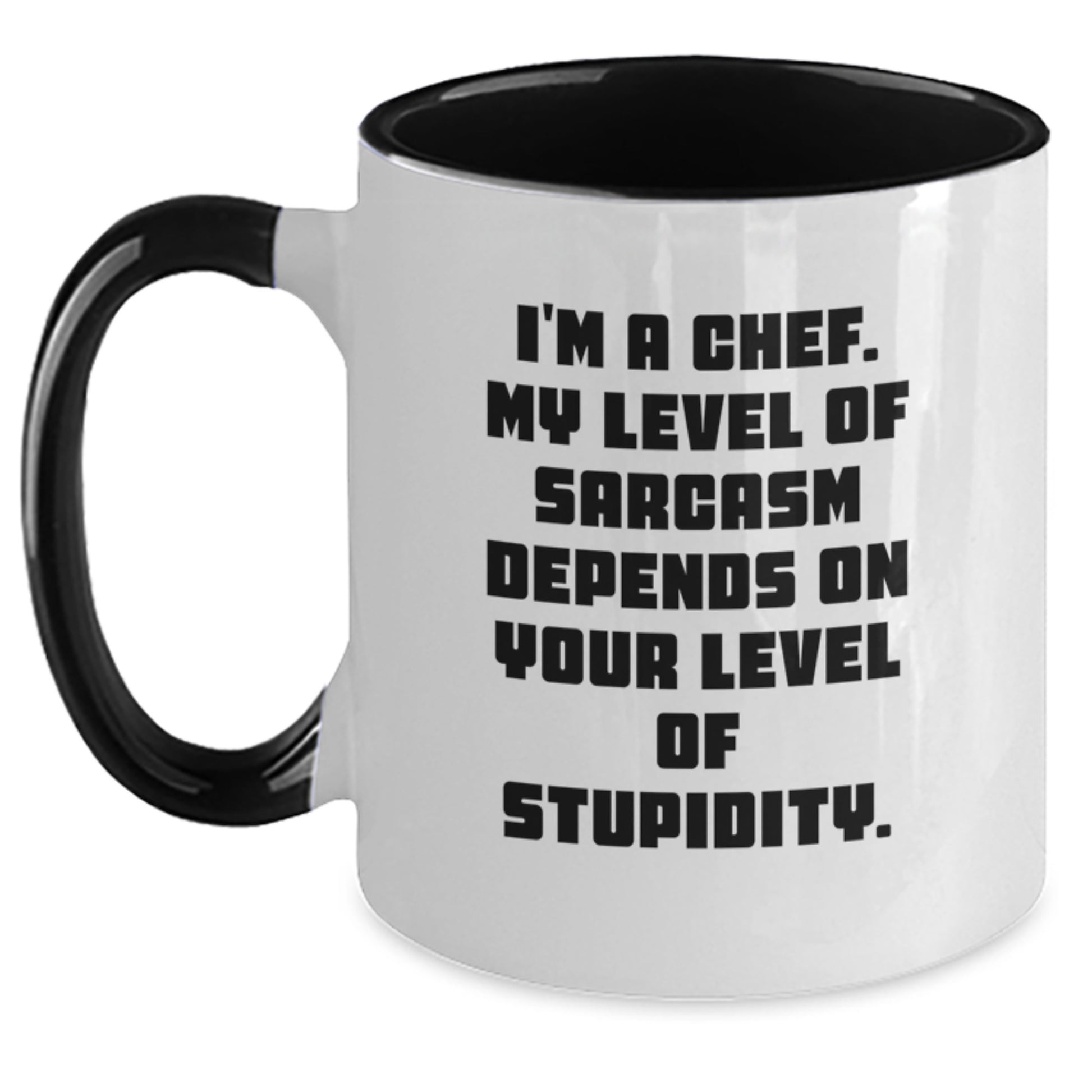 Funny Chef Gifts for Men - Two Tone Coffee Mug, Black and White, I'm A Chef My Level Of Sarcasm Depends On Your Level Of Stupidity - Gifts from Friends for Chef's Christmas Unique - Main