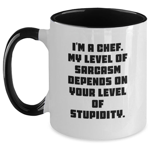 Funny Chef Gifts for Men - Two Tone Coffee Mug, Black and White, I'm A Chef My Level Of Sarcasm Depends On Your Level Of Stupidity - Gifts from Friends for Chef's Christmas Unique - Main