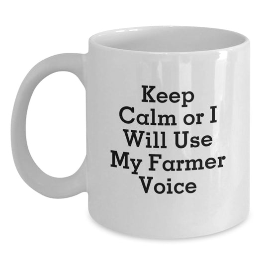 Funny Farmer Gifts for Men - White Coffee Mug Keep Calm Or I Will Use My Farmer Voice Birthday Unique Gift from Friends - Main