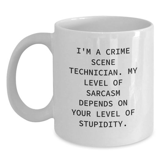 Funny Crime Scene Technician Gifts from Friends for Men - White Coffee Mug, Sarcasm Level Dependent - Main