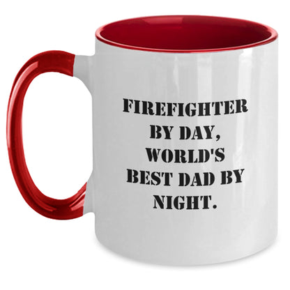 Funny Firefighter Gifts for Men by Day, World's Best Dad by Night Two Tone Coffee Mug, Unique Christmas Memorable Presents for Firefighter Husband, Ceramic Mug - Main