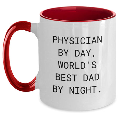 Funny Physician Dad Gifts - Physician by Day World's Best Dad by Night Two Tone Coffee Mug, Unique Birthday Unique Gifts from Men to Physician, 11oz Ceramic Mug - Main