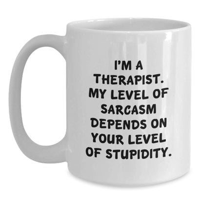 Gifts from Friends for Therapists, Funny White Coffee Mug, Sarcasm Level Depends, Christmas Unique - Main