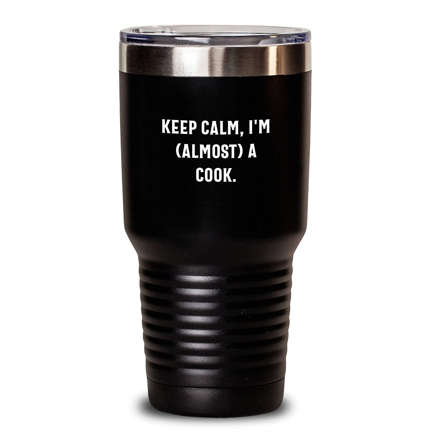 Funny Quote Keep Calm I'm Almost a Cook Birthday Unique Gift for Cooks from Friends, Coworkers, or Family, 20oz or 30oz Vacuum-Insulated Stainless Steel Tumbler - Main