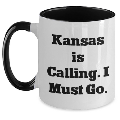 Funny Kansas Gifts from Friends to Family - 'Kansas Is Calling. I Must Go.' Two Tone Coffee Mug for Mother's Day - Main