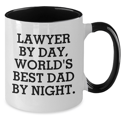 Funny Lawyer Gifts for Him - Two Tone Coffee Mug, 'Lawyer By Day, World's Best Dad By Night.' - Unique Father's Day Present from Family, Friends, or Coworkers