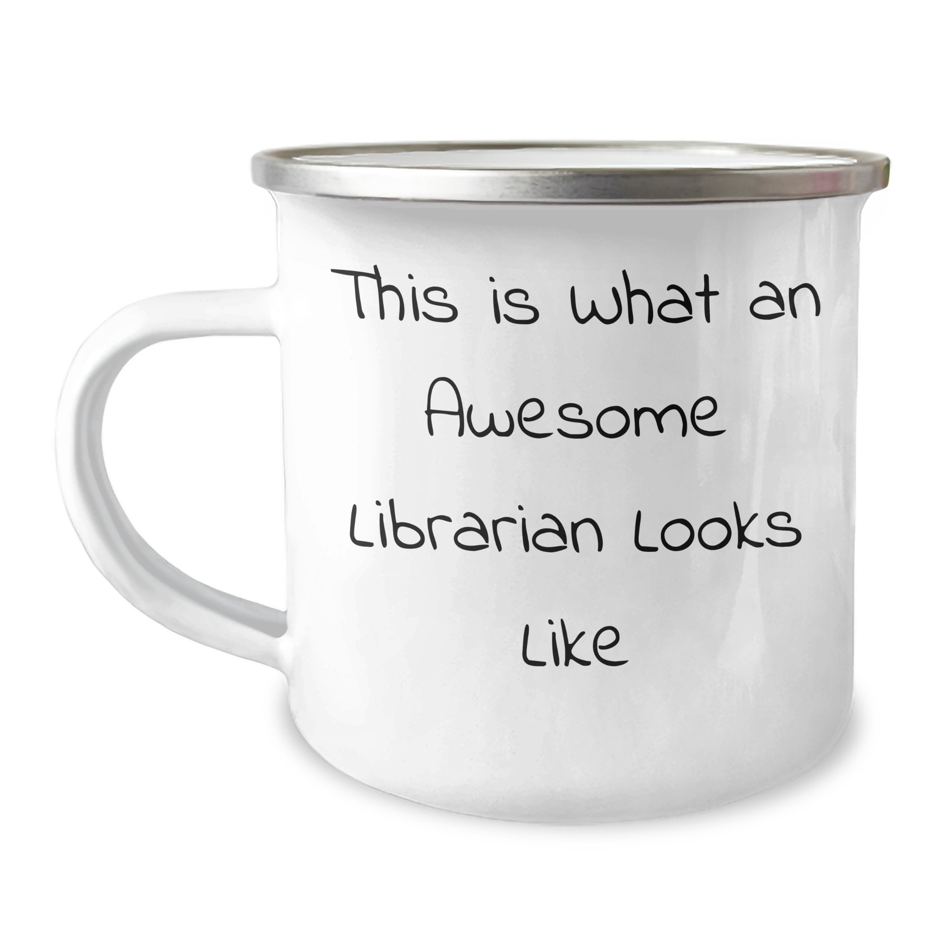 Librarian Gifts from Friends and Family, 'This Is What An Awesome Librarian Looks Like', Camping Mug for Father's Day, 12 oz Stainless Steel Enamel Finish - Image 1