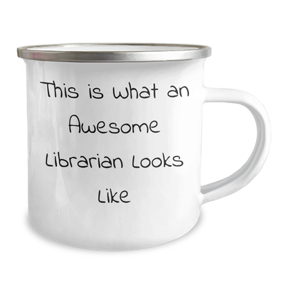 Librarian Gifts from Friends and Family, 'This Is What An Awesome Librarian Looks Like', Camping Mug for Father's Day, 12 oz Stainless Steel Enamel Finish - Image 2
