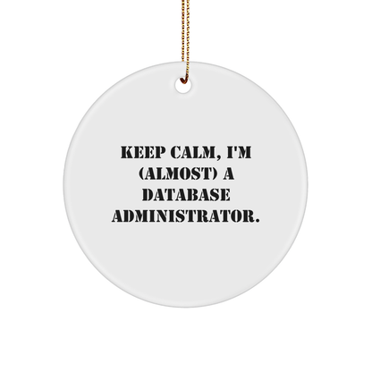 Funny Database Administrator Gifts - 'Keep Calm, I'm (almost) A Database Administrator.' White Circle Ornament, Gifts from Friends to Database Administrator - Image 1