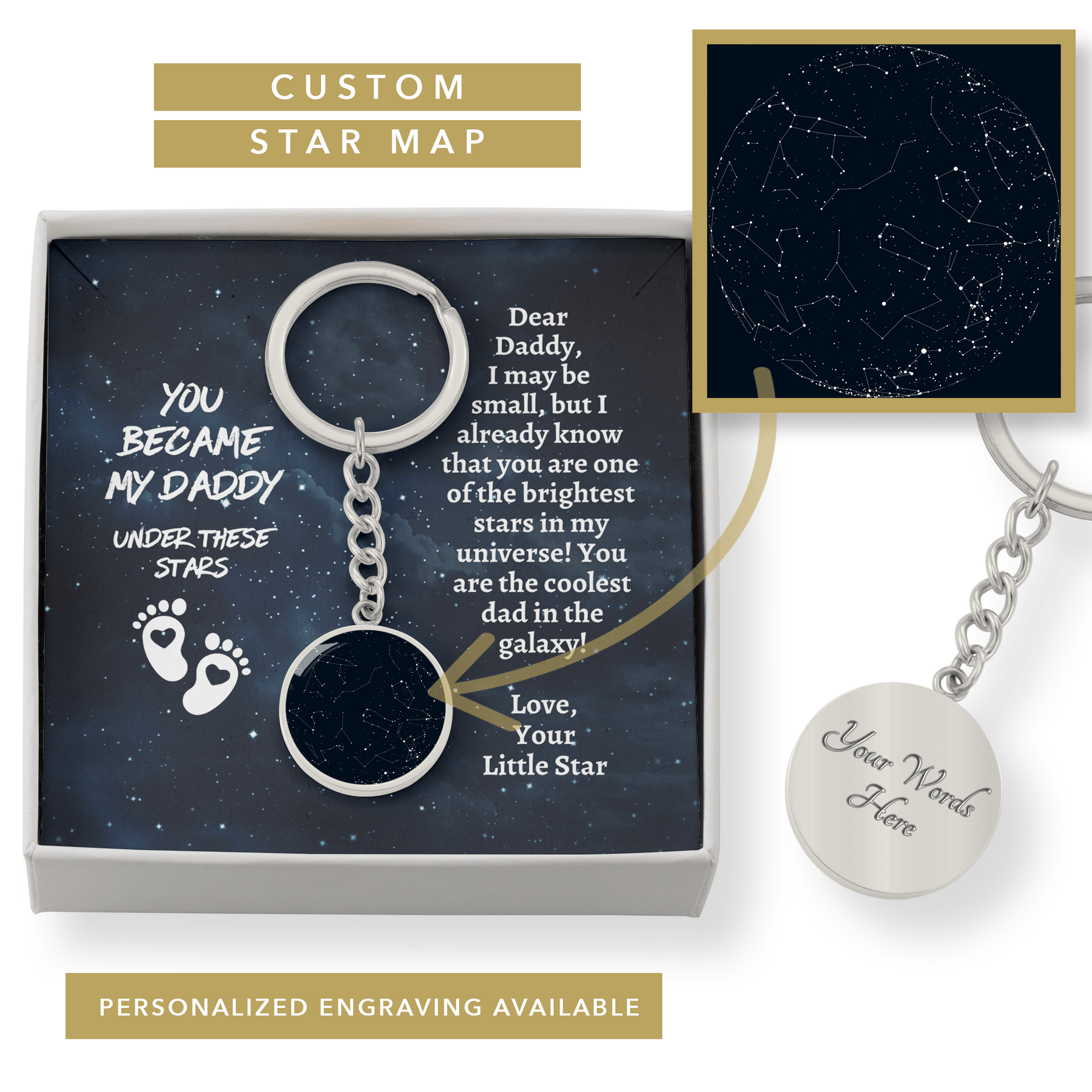 Personalized First Fathers Day Gift - New Dad Gift from Baby Custom Star Map Keychain - Fathers Day Gift for Husband Luxury Keychain (Silver Color) / No