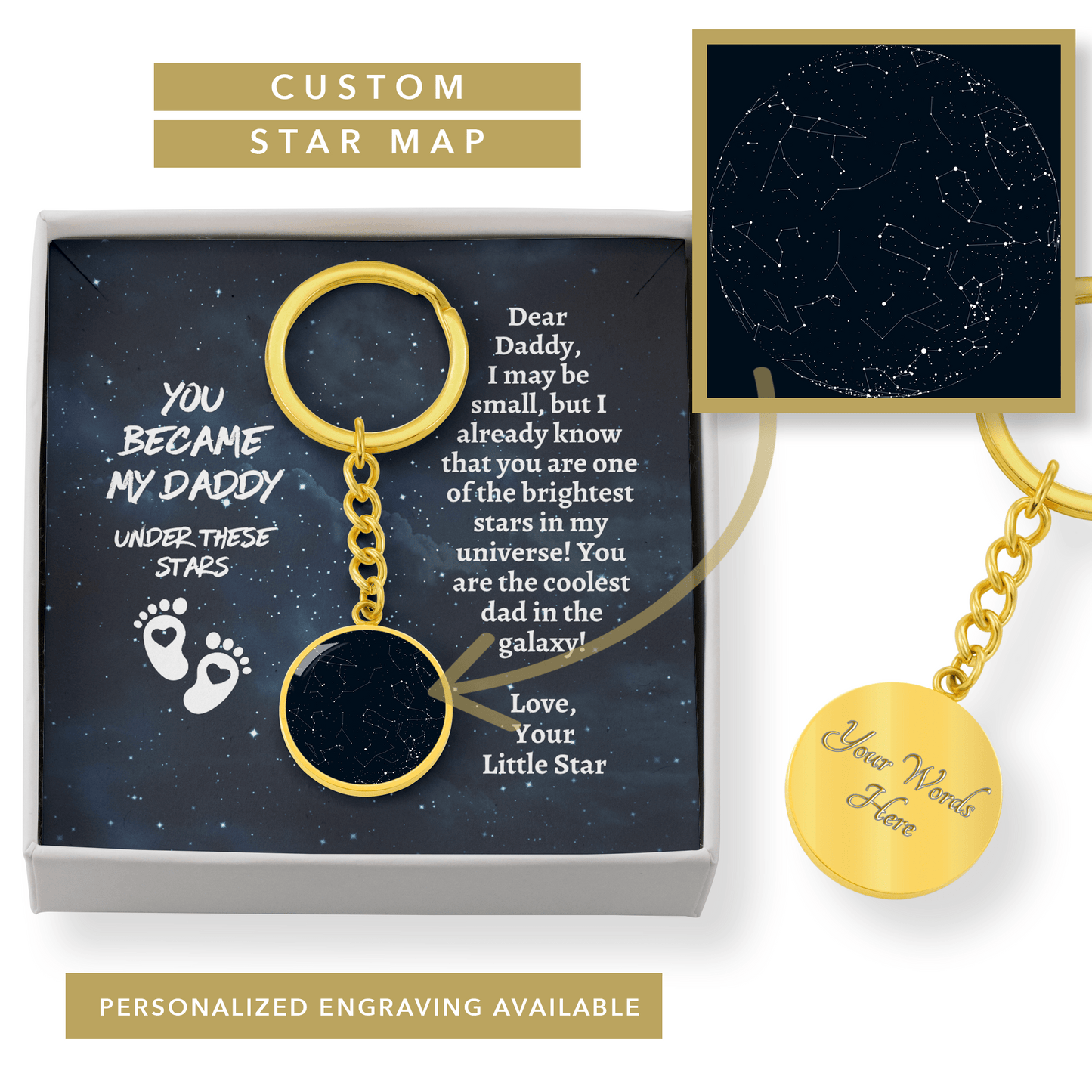Personalized First Fathers Day Gift - New Dad Gift from Baby Custom Star Map Keychain - Fathers Day Gift for Husband Luxury Keychain (Gold Color) / No