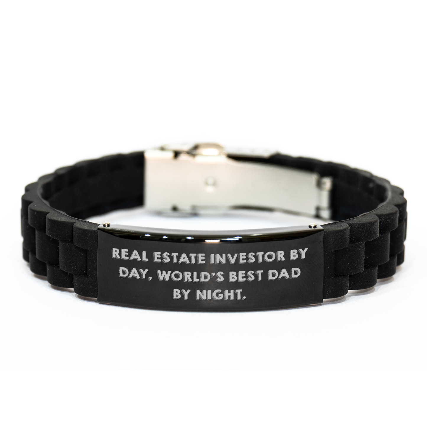 Real Estate Investor Gifts by Day, World's Best Dad by Night - Glide lock Clasp Black Stainless Steel Silicone Adjustable Bracelet, Father's Day Unique Gifts from Men small / Black