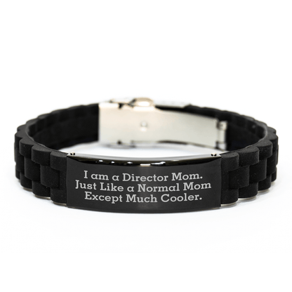 Funny Director Mom Gift, 'I Am A Director Mom' Glide lock Clasp Bracelet, Adjustable Black Stainless Steel and Silicone, Gifts from Friends to Director Mom on Mother's Day small / Black