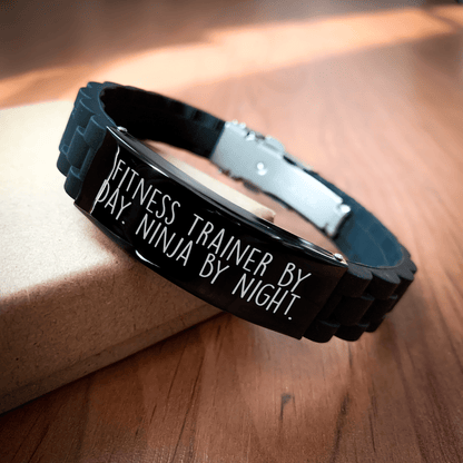 Fitness Trainer Gifts for Men - Glide lock Clasp Bracelet, Funny Quote 'Fitness Trainer By Day. Ninja By Night.' Gifts from Friends, Father's Day Unique Gifts small / Black