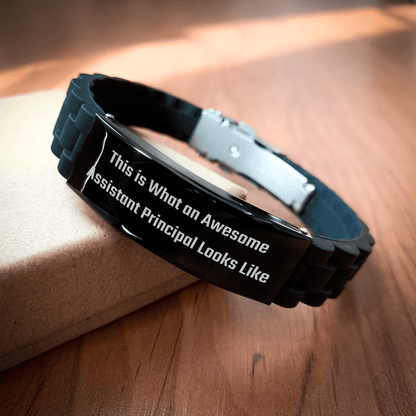 Gifts from Men, Inspirational Assistant Principal Quotes, Glide lock Clasp Black Stainless Steel Silicone Adjustable Bracelet for Assistant Principal, Perfect Unique Gifts for Father's Day small / Black