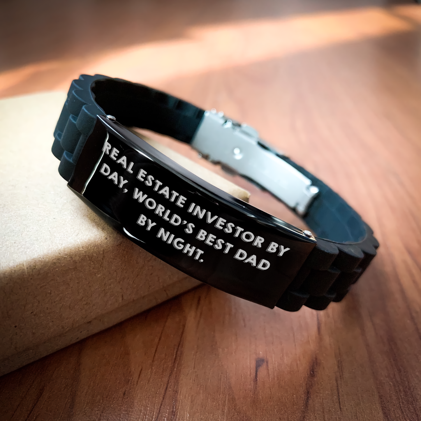 Real Estate Investor Gifts by Day, World's Best Dad by Night - Glide lock Clasp Black Stainless Steel Silicone Adjustable Bracelet, Father's Day Unique Gifts from Men small / Black