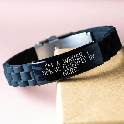 Writer's Humor Gift, I'm A Writer. I Speak Fluently In genius. Glide lock Clasp Black Stainless Steel and Silicone Adjustable Father's Day Unique Gifts from Men to Family small / Black