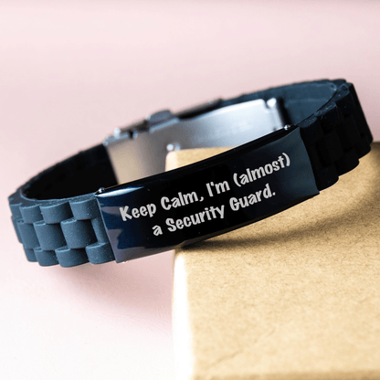 Funny Security Guard Gifts for Mom - Keep Calm I'm almost a Security Guard Glide lock Clasp Black Stainless Steel Adjustable Silicone Men's Jewelry from Husband small / Black