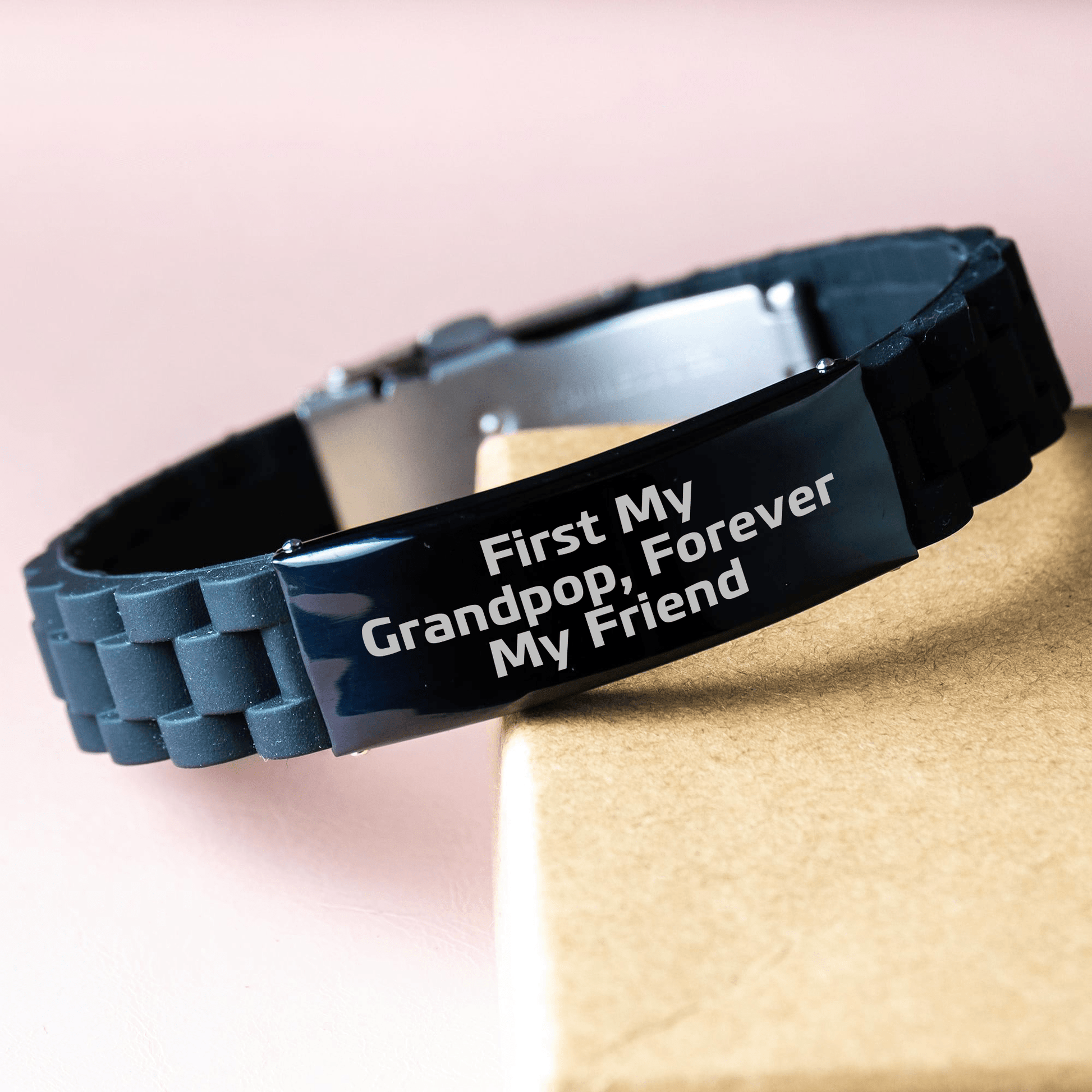 Grandpop Gifts, Funny Quote, Glide lock Clasp Adjustable Black Stainless Steel Silicone Bracelet, Gifts from Men, Gifts for Grandpop on Mother's Day small / Black