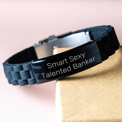 Smart Sexy Talented Banker Gifts for Mother's Day - Glide lock Clasp Black Stainless Steel Adjustable Silicone Bracelet from Men to Banker Friends small / Black