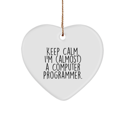 Funny Computer Programmer Gifts, Heart Ornament for Friends, Cute Quote 'Keep Calm, I'm (almost) A Computer Programmer.' Gifts from Men to Coworkers, Perfect Christmas Unique Gifts for Her or Him small / White