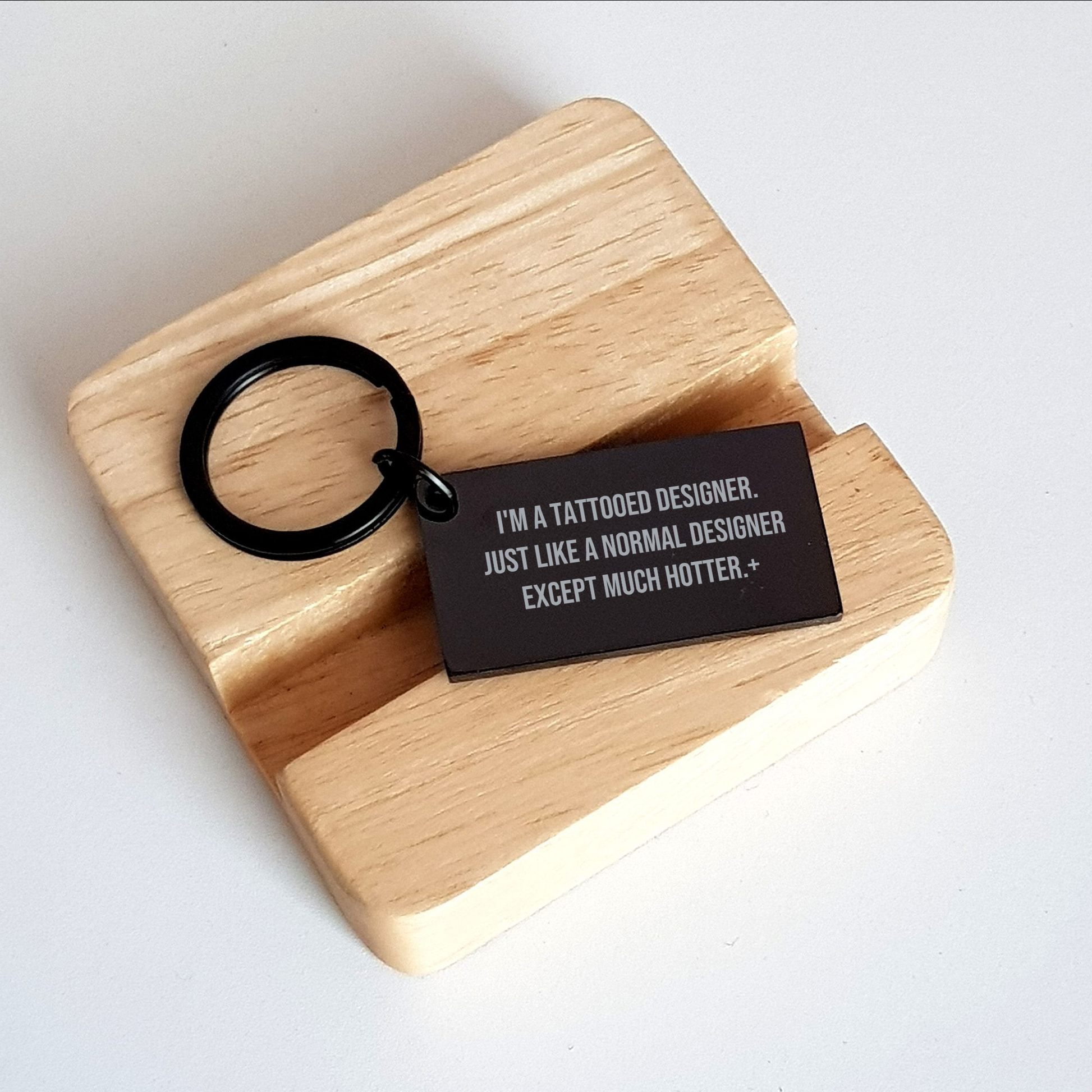 Designer Keychain Gifts from Men for Mother's Day - 'I'm A Tattooed Designer' Funny Quote, Black Stainless Steel, 1.57 x 0.87 inches - Image 2