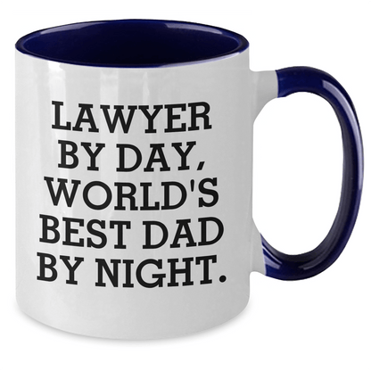 Funny Lawyer Gifts for Him - Two Tone Coffee Mug, 'Lawyer By Day, World's Best Dad By Night.' - Unique Father's Day Present from Family, Friends, or Coworkers