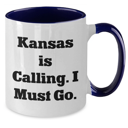 Funny Kansas Gifts from Friends to Family - 'Kansas Is Calling. I Must Go.' Two Tone Coffee Mug for Mother's Day - Additional