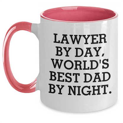 Funny Lawyer Gifts for Him - Two Tone Coffee Mug, 'Lawyer By Day, World's Best Dad By Night.' - Unique Father's Day Present from Family, Friends, or Coworkers White/Pink / 11oz