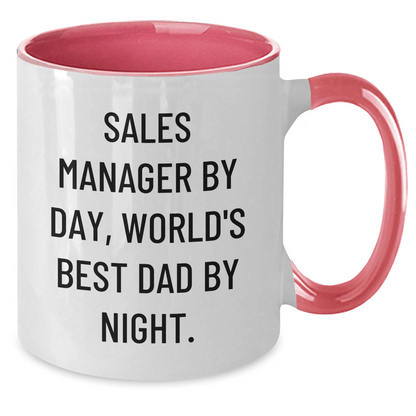 Sales Manager Funny Quote Two Tone Coffee Mug, Gifts from Family for Sales Manager By Day, World's Best Dad By Night, Father's Day Unique Gifts