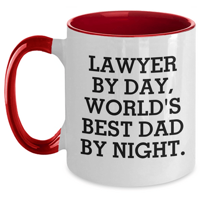 Funny Lawyer Gifts for Him - Two Tone Coffee Mug, 'Lawyer By Day, World's Best Dad By Night.' - Unique Father's Day Present from Family, Friends, or Coworkers White/Red / 11oz