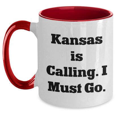 Funny Kansas Gifts from Friends to Family - 'Kansas Is Calling. I Must Go.' Two Tone Coffee Mug for Mother's Day - Main