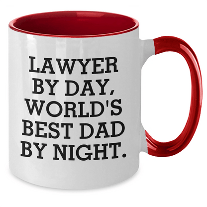 Funny Lawyer Gifts for Him - Two Tone Coffee Mug, 'Lawyer By Day, World's Best Dad By Night.' - Unique Father's Day Present from Family, Friends, or Coworkers