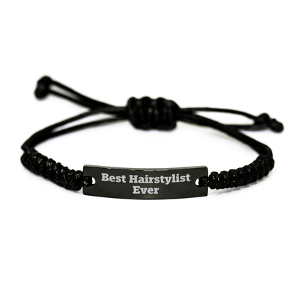 Hairstylist Gifts from Friends - Best Hairstylist Ever Quote Rope Bracelet for Mother's Day - Adjustable Black Stainless Steel with Interlaced Rope small / Black