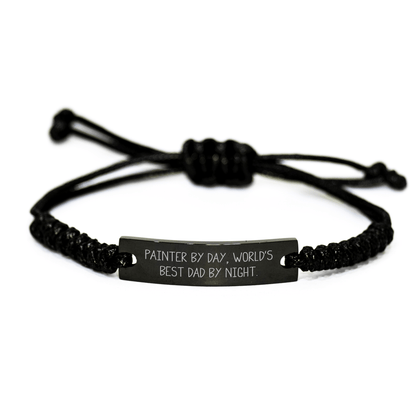 Painter's Masterpiece Rope Bracelet, Funny Quote By Day, Best Dad By Night - Gifts for Painter, Men, and Dads - Adjustable and Engraved small / Black