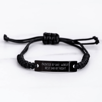 Painter's Masterpiece Rope Bracelet, Funny Quote By Day, Best Dad By Night - Gifts for Painter, Men, and Dads - Adjustable and Engraved small / Black