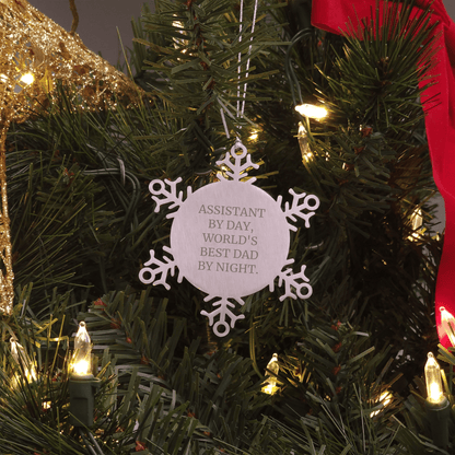 Funny Assistant Snowflake Ornament Gifts from Dad to Assistant By Day, World's Best Dad By Night. on Christmas small / Silver