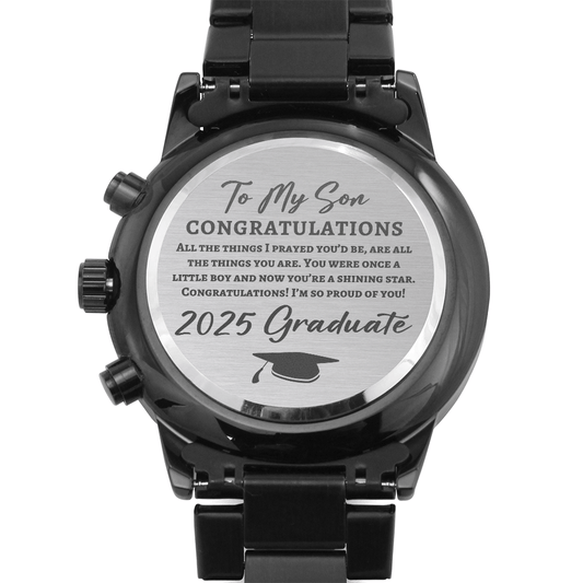 To My Son 2025 Graduate Black Chronograph Watch - Graduation Gift for Son - Class of 2025 Motivational Gift Two Tone Box