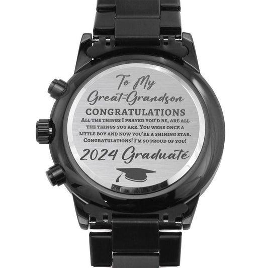 To My Great-Grandson 2024 Graduate Black Chronograph Watch - Graduation Gift for Great-Grandson - Class of 2024 Motivational Gift