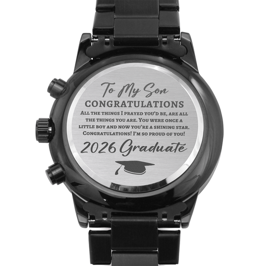 To My Son 2026 Graduate Black Chronograph Watch - Graduation Gift for Son - Class of 2026 Motivational Gift Two Tone Box