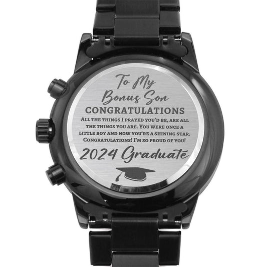 To My Bonus Son 2024 Graduate Black Chronograph Watch - Graduation Gift for Stepson, Son-in-Law - Class of 2024 Motivational Gift