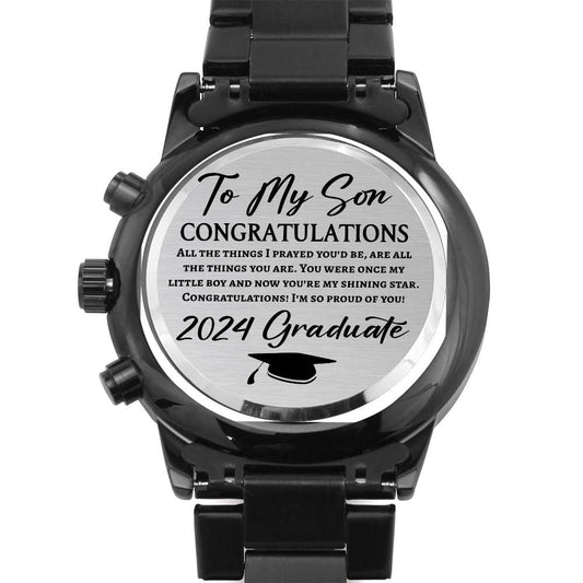 To My Son 2024 Graduate Black Chronograph Watch - Graduation Gift for Son - Class of 2024 Motivational Gift Two Tone Box