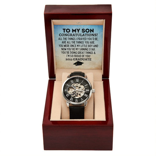 To My Son 2023 Graduate Openwork Skeleton Watch - Graduation Gift for Son - Class of 2023 College Graduation Gift - High School Grad