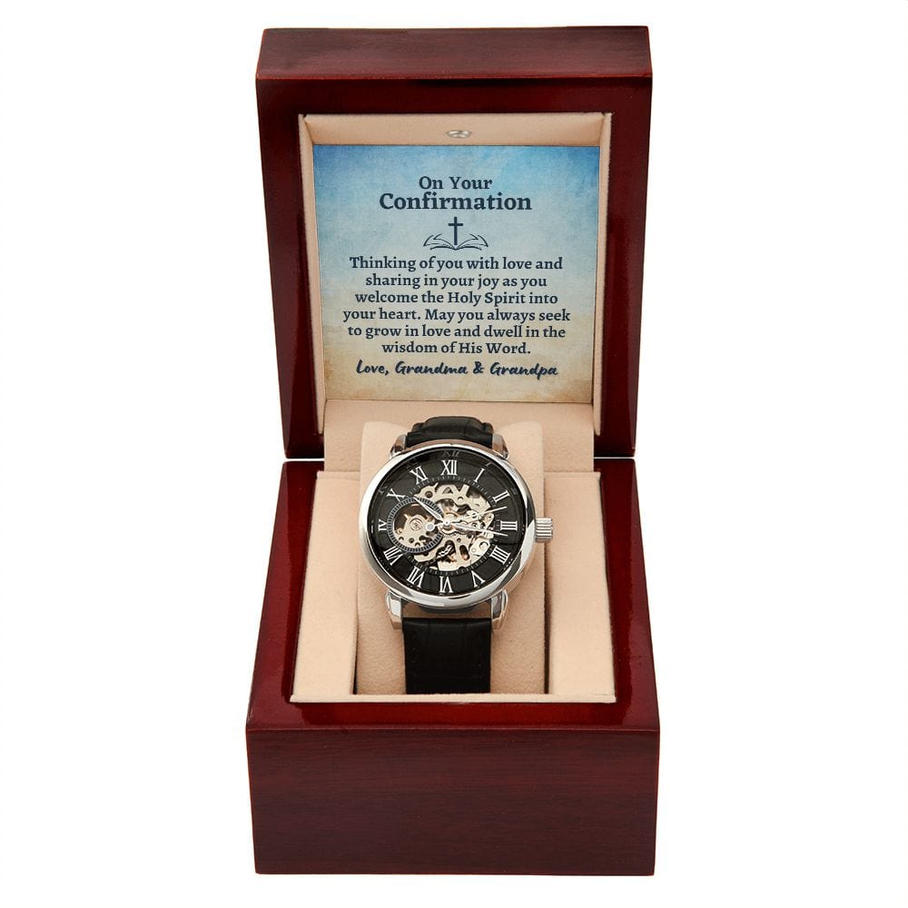 Personalized Confirmation Gift for Teenage Boy - Openwork Skeleton Watch - Lutheran Baptism Gift for Men - Christian Catholic Communion