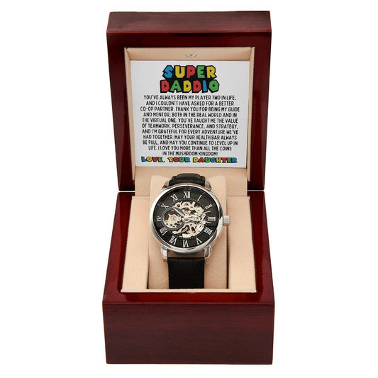 Super Daddio Openwork Skeleton Watch - Funny Fathers Day Gift for Gamer - Video Game Birthday Gift to Dad from Daughter
